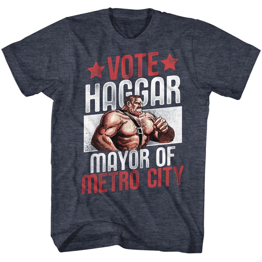 FINAL FIGHT-VOTE HAGGAR-NAVY HEATHER ADULT S/S TSHIRT