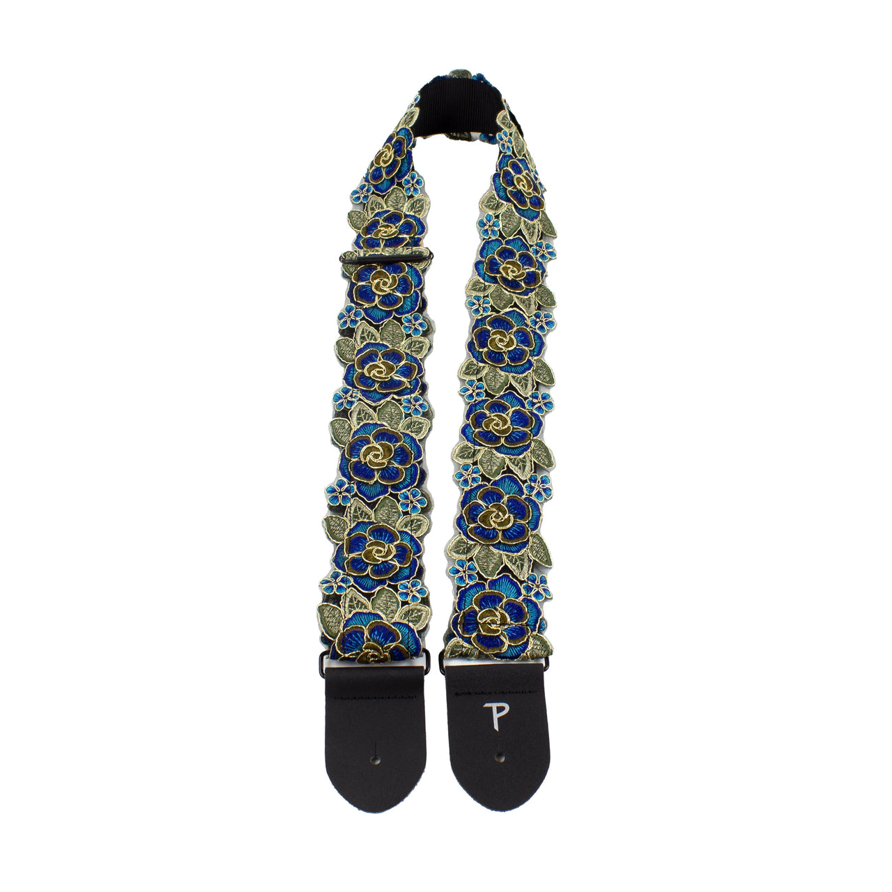 BLUE AND GOLD LACE RIBBON 3D STYLE FLORAL GUITAR STRAP
