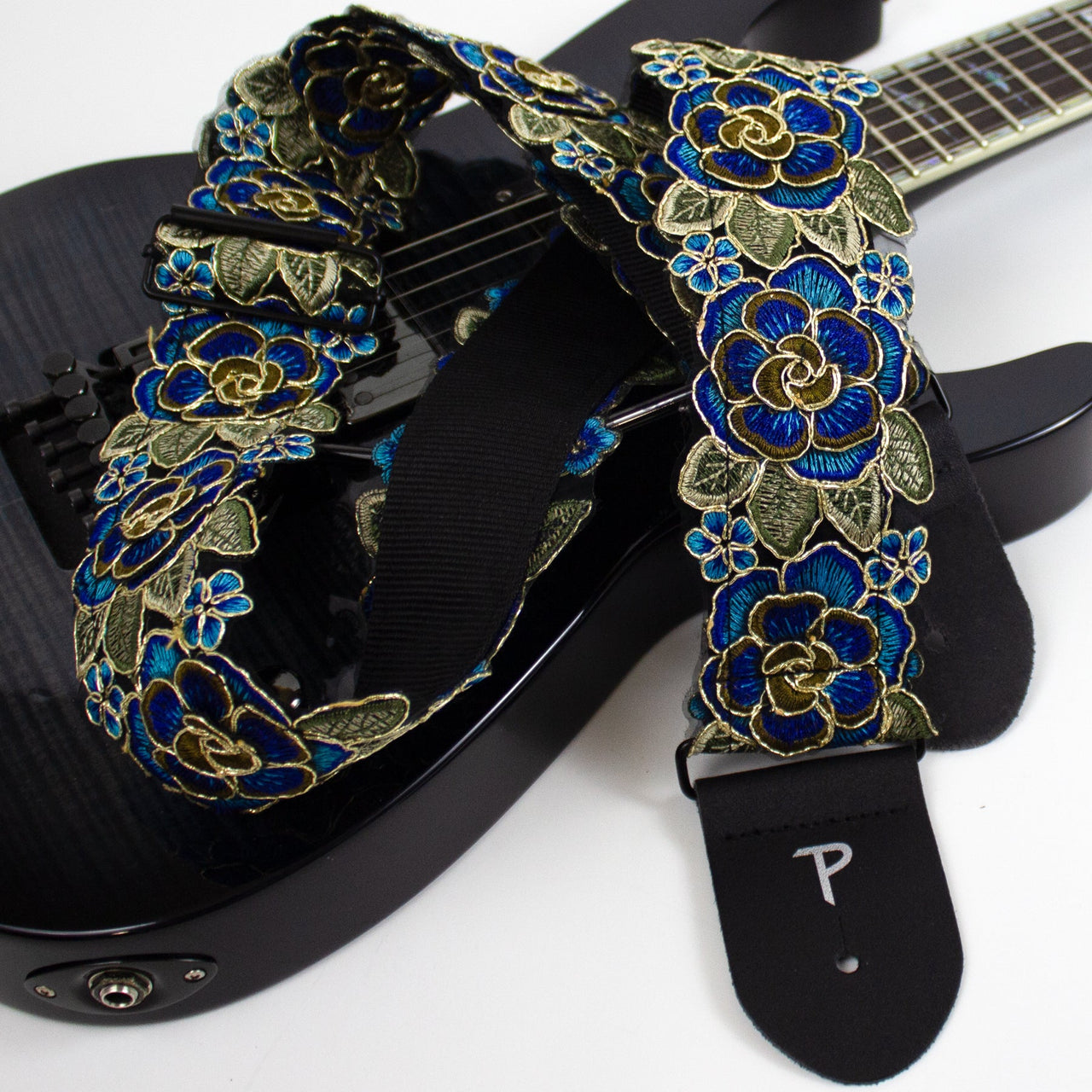 BLUE AND GOLD LACE RIBBON 3D STYLE FLORAL GUITAR STRAP