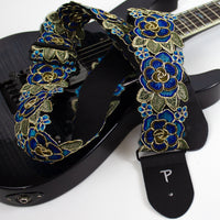 Thumbnail for BLUE AND GOLD LACE RIBBON 3D STYLE FLORAL GUITAR STRAP
