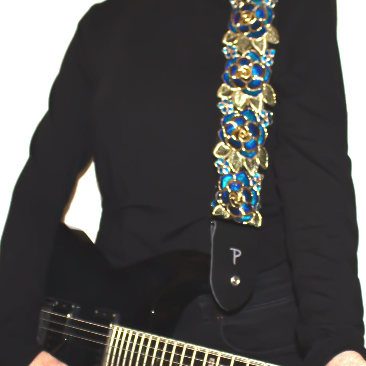 BLUE AND GOLD LACE RIBBON 3D STYLE FLORAL GUITAR STRAP