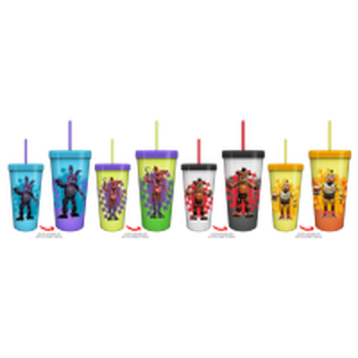 Five Nights At Freddy's Special Delivery Characters Checkerboard Boxed  24oz 4 pack Color Change Plastic Tumbler – 12 pc ppk ($8.00 each)