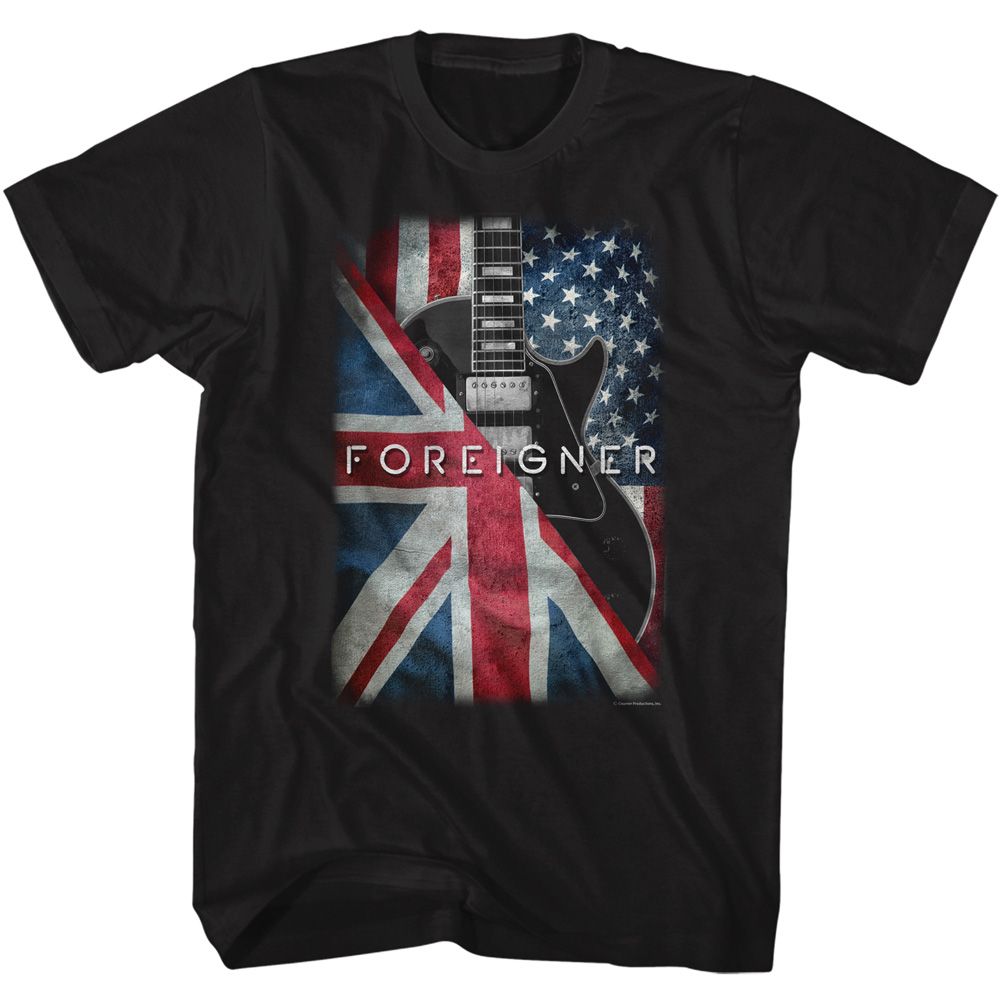 FOREIGNER-FOREIGNER FLAGS AND GUITAR-BLACK ADULT S/S TSHIRT