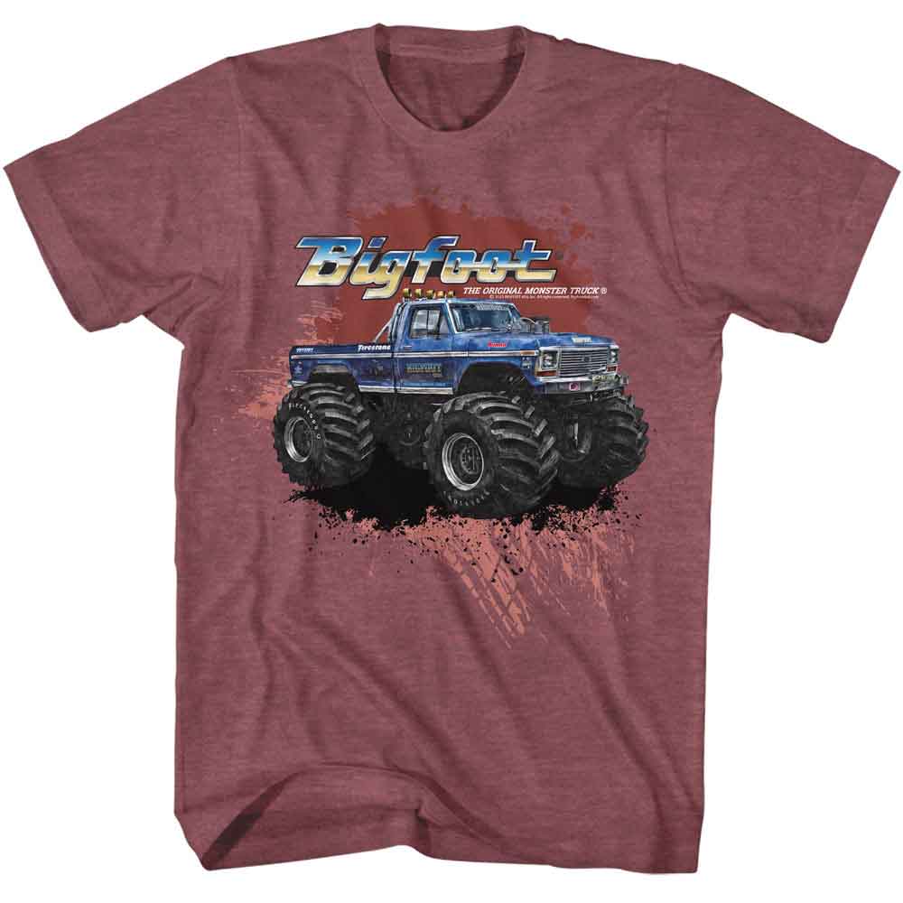BIGFOOT-BIGFOOT SPLATTER BACKGROUND-VINTAGE MAROON HEATHER ADULT S/S TSHIRT
