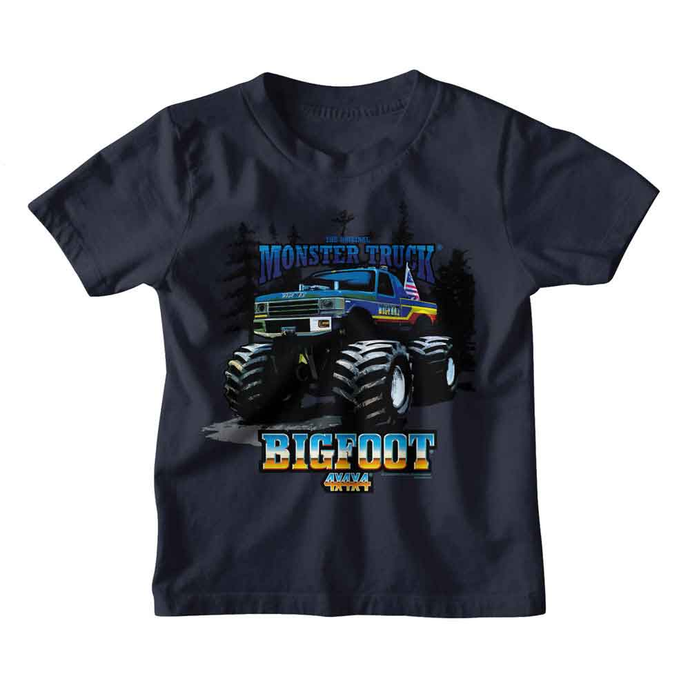 BIGFOOT-BIGFOOT TRUCK AND TREES-NAVY TODDLER S/S TSHIRT