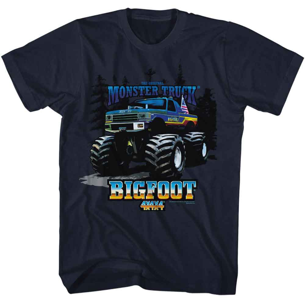 BIGFOOT-BIGFOOT TRUCK AND TREES-NAVY ADULT S/S TSHIRT