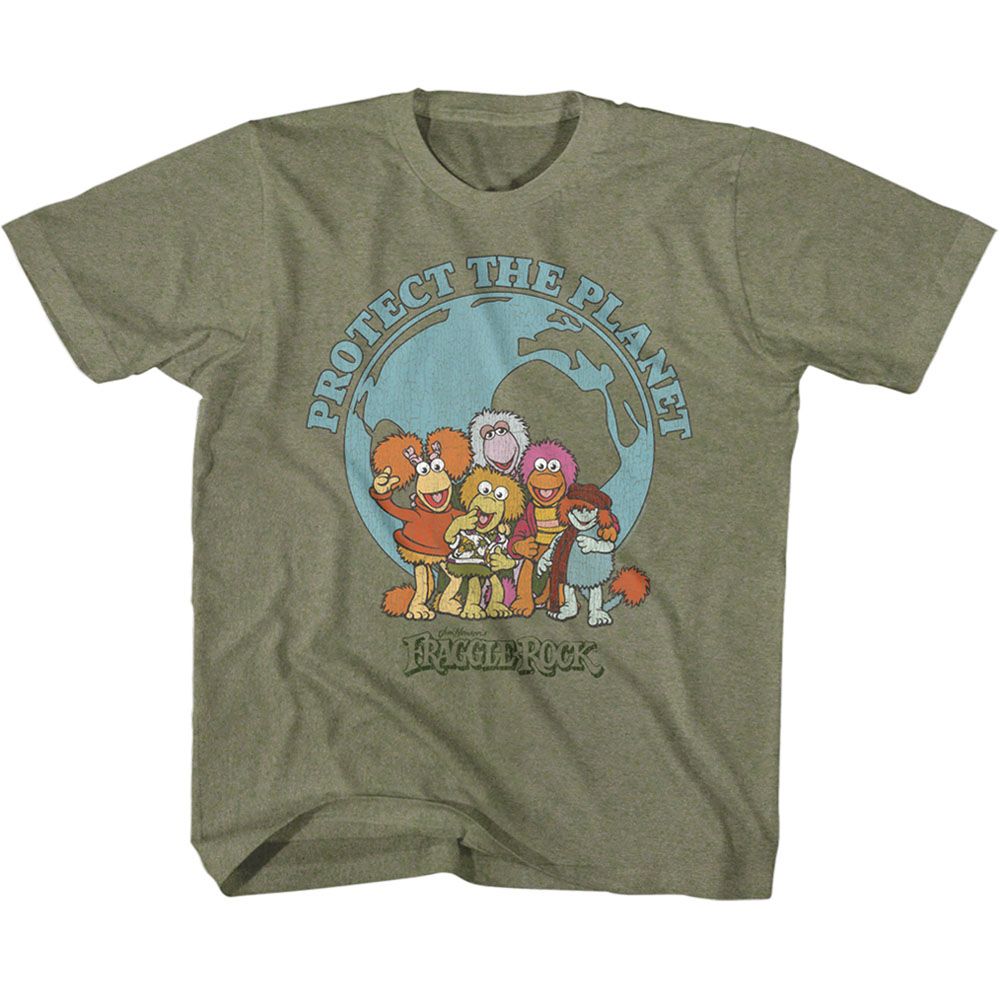 FRAGGLE ROCK-SAVE THE PLANET-VINTAGE MILITARY GREEN YOUTH S/S TSHIRT
