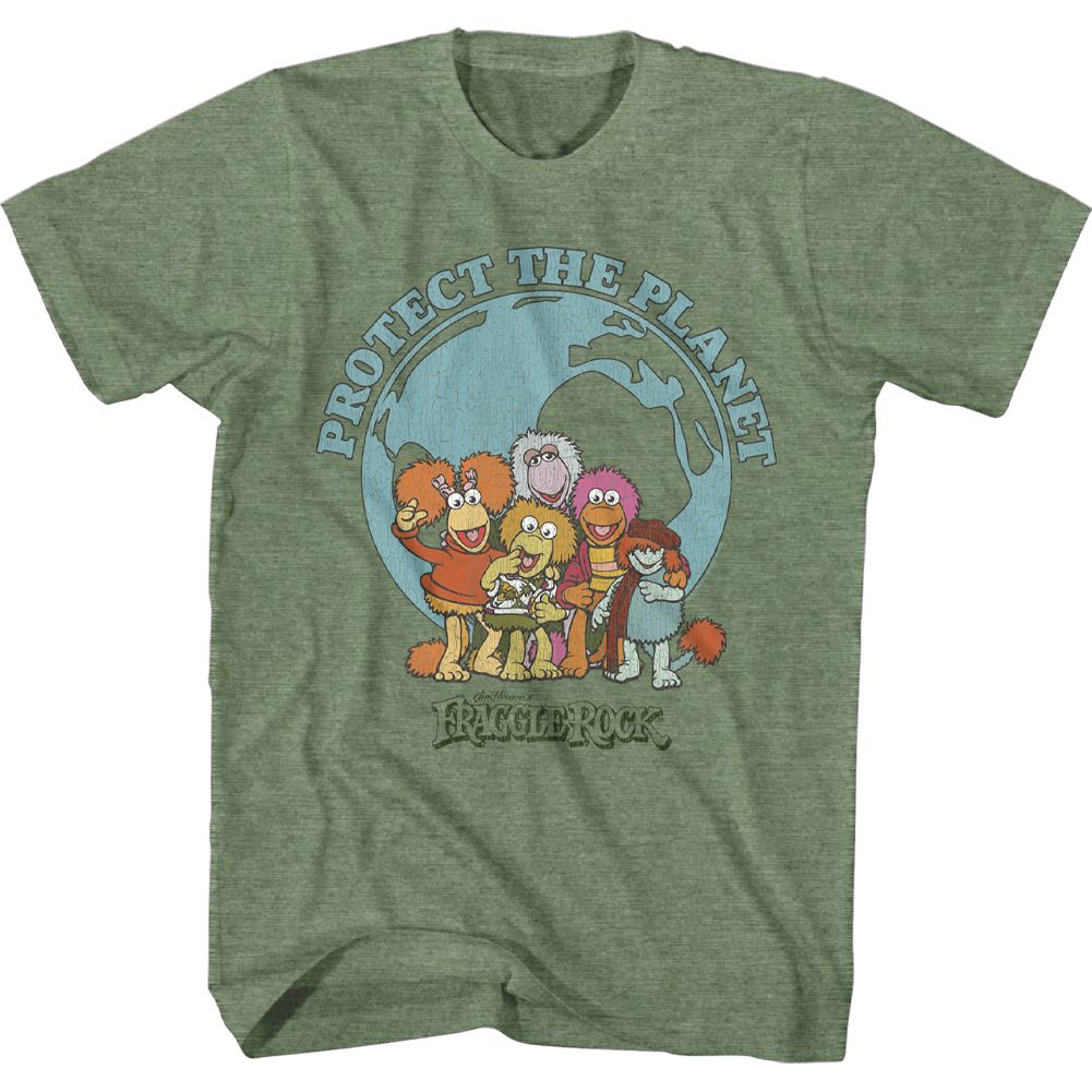 FRAGGLE ROCK-SAVE THE PLANET-MILITARY GREEN HEATHER ADULT S/S TSHIRT