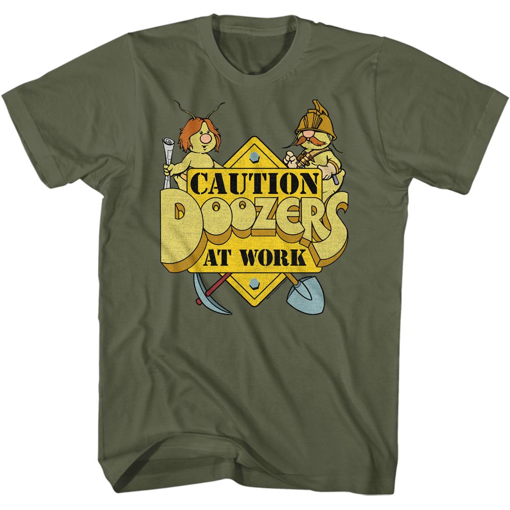 FRAGGLE ROCK-CAUTION DOOZERS-MILITARY GREEN ADULT S/S TSHIRT