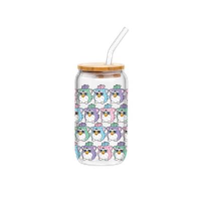 Furby Pastel Pattern  16oz Glass Tumbler w Bamboo Lid and Glass Straw – 12 pc ppk ($6.00 each)