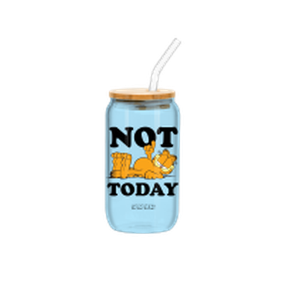Garfield Not Today 16oz Glass Tumbler w Bamboo Lid and Glass Straw – 12 pc ppk ($6.00 each)