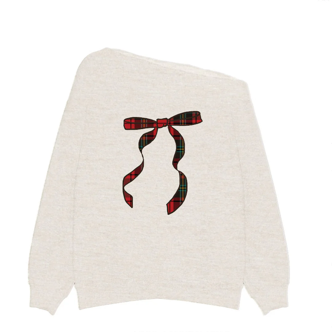Christmas Plaid Bow Off-The-Shoulder Sweatshirt