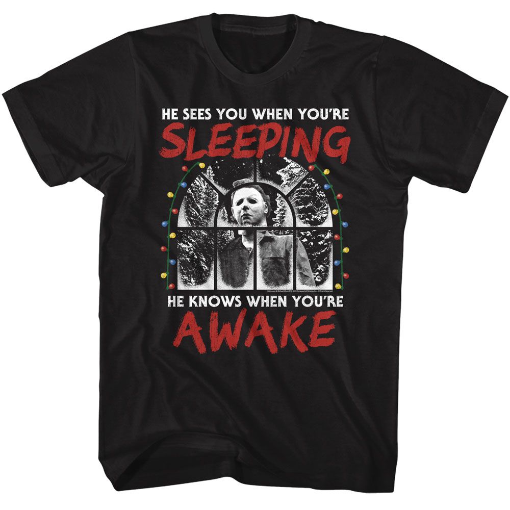 HALLOWEEN-HALLOWEEN SEES YOU WHEN YOURE SLEEPING-BLACK ADULT S/S TSHIRT