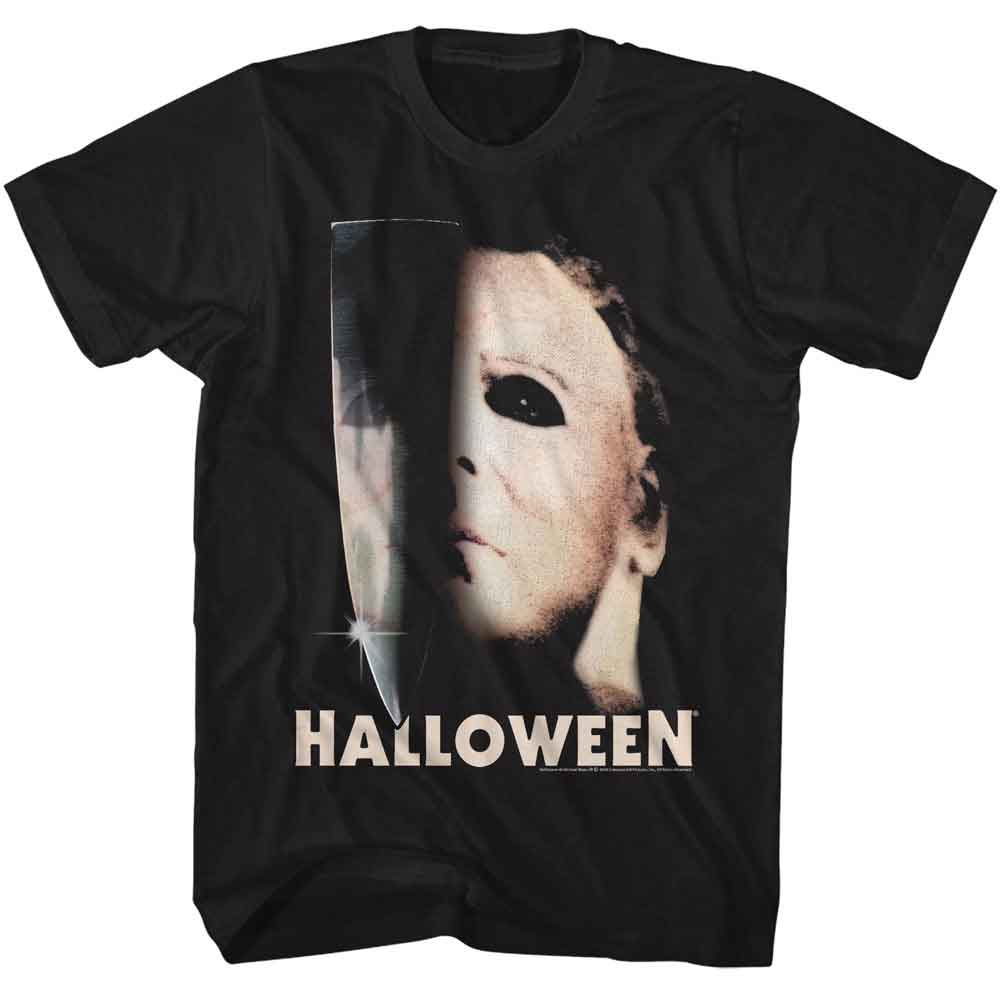 HALLOWEEN-HALLOWEEN HALF MASK AND KNIFE-BLACK ADULT S/S TSHIRT