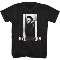 Thumbnail for HALLOWEEN-MICHAEL AND LOGO BW-BLACK ADULT S/S TSHIRT