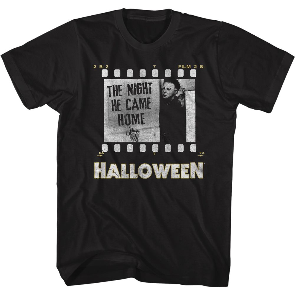 HALLOWEEN-FILM STRIP-NO KNIFE-BLACK ADULT S/S TSHIRT