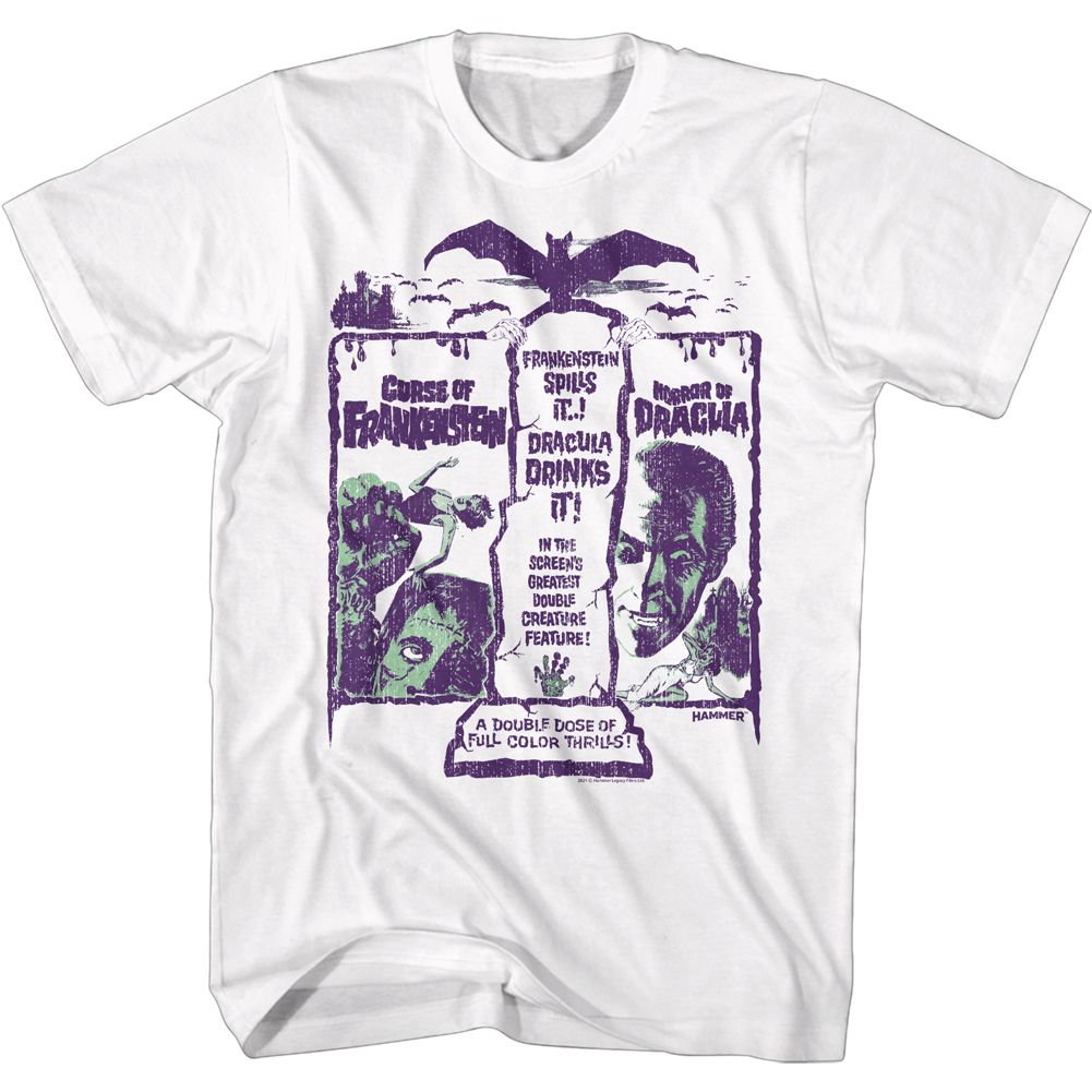 HAMMER HORROR-DOUBLE CREATURE FEATURE-WHITE ADULT S/S TSHIRT