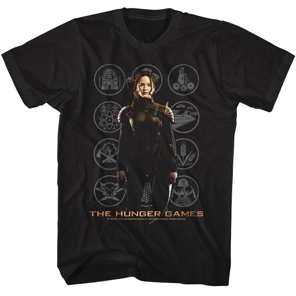 HUNGER GAMES-HUNGER GAMES KATNISS WITH DISTRICTS-BLACK ADULT S/S TSHIRT