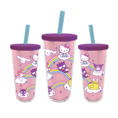 Hello Kitty Friends Rainbows And Clouds  24oz Plastic Boba Tumbler w Lid and Straw – 12 pc ppk ($5.75 each)