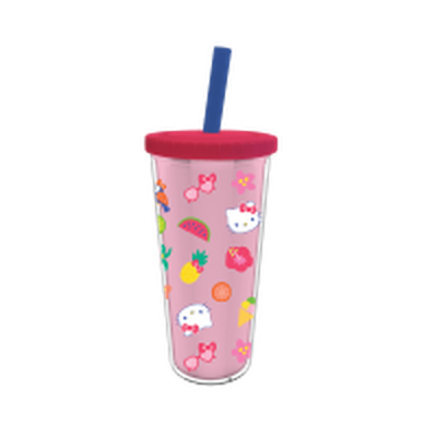 Hello Kitty Tropical Tossed Icons  24oz Plastic Boba Tumbler w Lid and Straw – 12 pc ppk ($5.75 each)