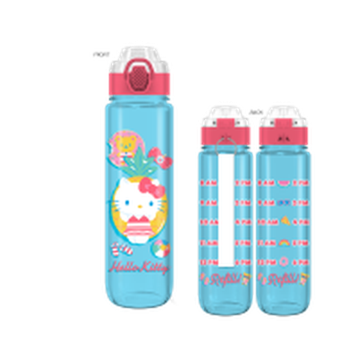Hello Kitty Pool Party Hydration Tracker  33oz Plastic Water Bottle w Locking Lid and Strap – 12 pc ppk ($9.00 each)