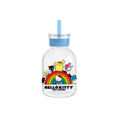 Hello Kitty Rainbow Parade  15oz Glass Milk Bottle w Straw – 12 pc ppk ($7.00 each)