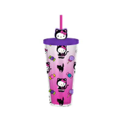HELLO KITTY HALLOWEEN BLACK CAT CANDY TOSS  24oz Plastic Cold Cup w/ Lid and Topper Straw – 12 pc ppk ($6.50 each)