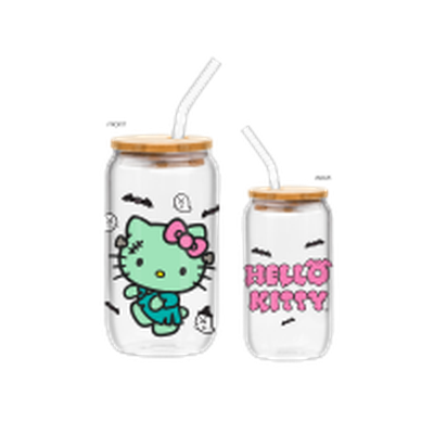 Hello Kitty Frankenstein Kitty V1  16oz Glass Tumbler w Bamboo Lid and Glass Straw – 12 pc ppk ($6.00 each)