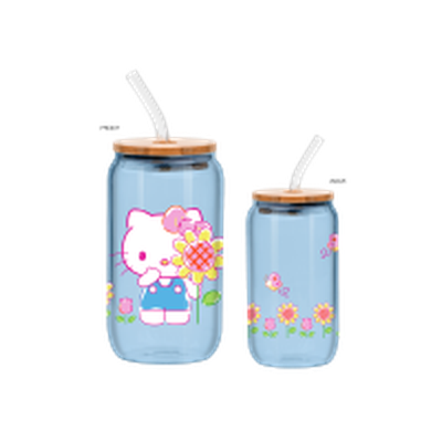 Garden Doodle Flowers and Butterflies  16oz Glass Tumbler w Bamboo Lid and Glass Straw – 12 pc ppk ($6.00 each)