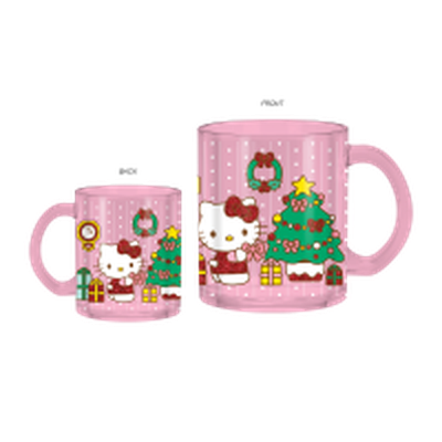 HELLO KITTY HOLIDAY SWEATERS TREE DECORATING Glitter  17.5oz Glass Coffee Mug – 12 pc ppk ($6.00 each)