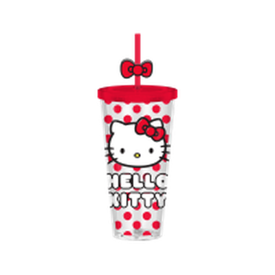 Hello Kitty Face And Dots Red 24oz Plastic Cold Cup w/ Lid and Topper Straw – 12 pc ppk ($6.50 each)