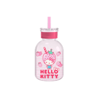 Hello Kitty Strawberry Head Standing On Logo  15oz Glass Milk Bottle w Straw – 12 pc ppk ($7.50 each)