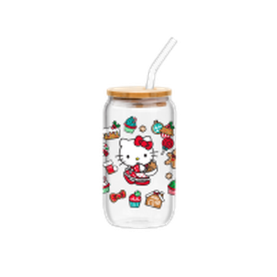 Hello Kitty Sweet Holiday  16oz Glass Tumbler w Bamboo Lid and Glass Straw – 12 pc ppk ($6.00 each)