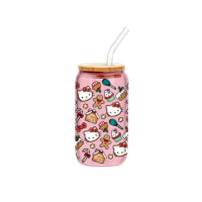 Hello Kitty Gingerbread Pattern V2  16oz Glass Tumbler w Bamboo Lid and Glass Straw – 12 pc ppk ($6.00 each)