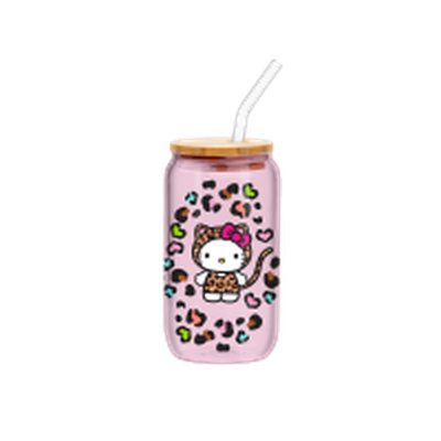 Hello Kitty Leopard Costume Girls V2 16oz Glass Tumbler w Bamboo Lid and Glass Straw – 12 pc ppk ($6.00 each)