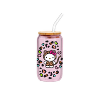 Thumbnail for Hello Kitty Leopard Costume Girls V2 16oz Glass Tumbler w Bamboo Lid and Glass Straw – 12 pc ppk ($6.00 each)
