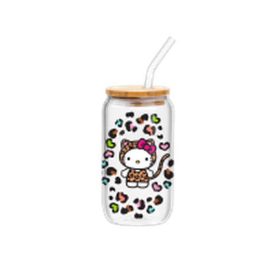 Hello Kitty Leopard Print Costumer Girls  16oz Glass Tumbler w Bamboo Lid and Glass Straw – 12 pc ppk ($6.00 each)