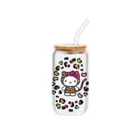 Thumbnail for Hello Kitty Leopard Print Costumer Girls  16oz Glass Tumbler w Bamboo Lid and Glass Straw – 12 pc ppk ($6.00 each)