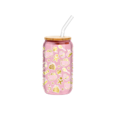 Hello Kitty Gingerbread Pattern Pink And Gold Foil  16oz Glass Tumbler w Bamboo Lid and Glass Straw – 12 pc ppk ($7.25 each)
