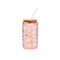 Thumbnail for Hello Kitty Gingerbread Pattern Pink And Gold Foil  16oz Glass Tumbler w Bamboo Lid and Glass Straw – 12 pc ppk ($7.25 each)