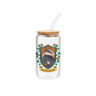 Flora and Fauna Hufflepuff House Crest 16oz Glass Tumbler w Bamboo Lid and Glass Straw – 12 pc ppk ($6.00 each)