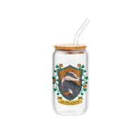 Thumbnail for Flora and Fauna Hufflepuff House Crest 16oz Glass Tumbler w Bamboo Lid and Glass Straw – 12 pc ppk ($6.00 each)