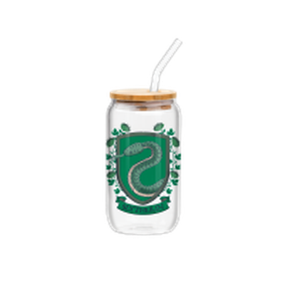 Flora and Fauna Slytherin House Crest 16oz Glass Tumbler w Bamboo Lid and Glass Straw – 12 pc ppk ($6.00 each)