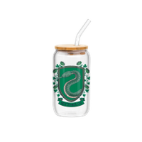 Thumbnail for Flora and Fauna Slytherin House Crest 16oz Glass Tumbler w Bamboo Lid and Glass Straw – 12 pc ppk ($6.00 each)
