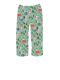 Thumbnail for Briefly Kids Snoopy Camping Lounge Pants – Adorable green pajama pants featuring an allover print of Snoopy and Woodstock camping, roasting marshmallows, and enjoying nature. Perfect for young Peanuts fans and outdoor adventurers.