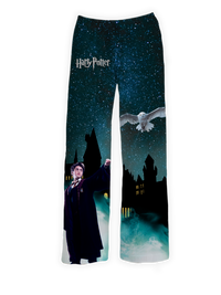 Thumbnail for Harry Potter pajama pants with Hedwig flying over Hogwarts and Harry casting a spell – Warner Bros. Discovery