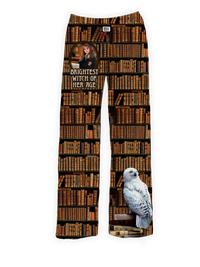 Thumbnail for Hermione Granger pajama pants featuring a book-filled background and Hedwig on a stack of books – Warner Bros. Discovery