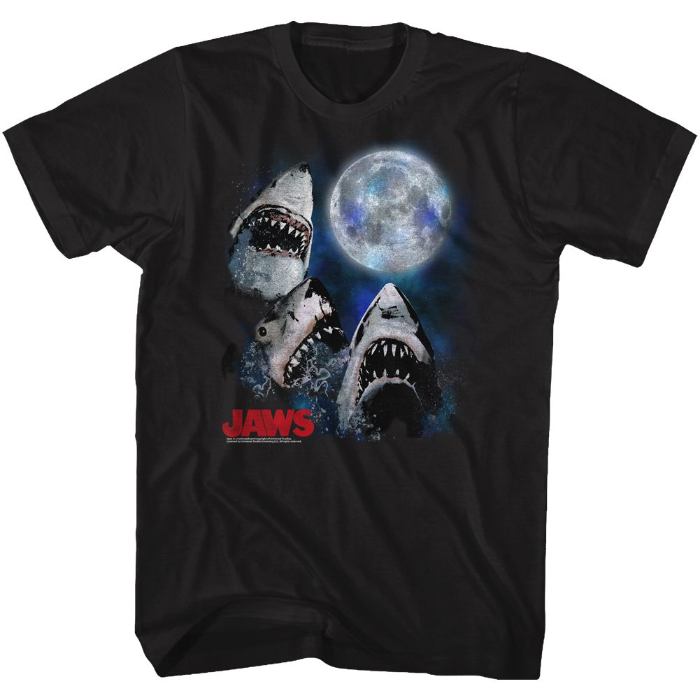 JAWS-THREE SHARK MOON-BLACK ADULT S/S TSHIRT