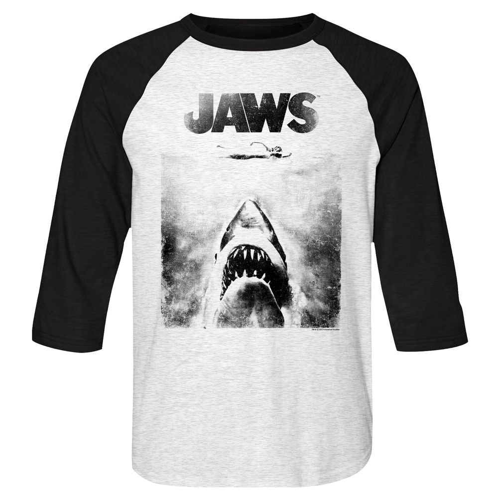 JAWS-BNW-WHITE HEATHER/VINTAGE BLACK ADULT 3/4 SLEEVE RAGLAN