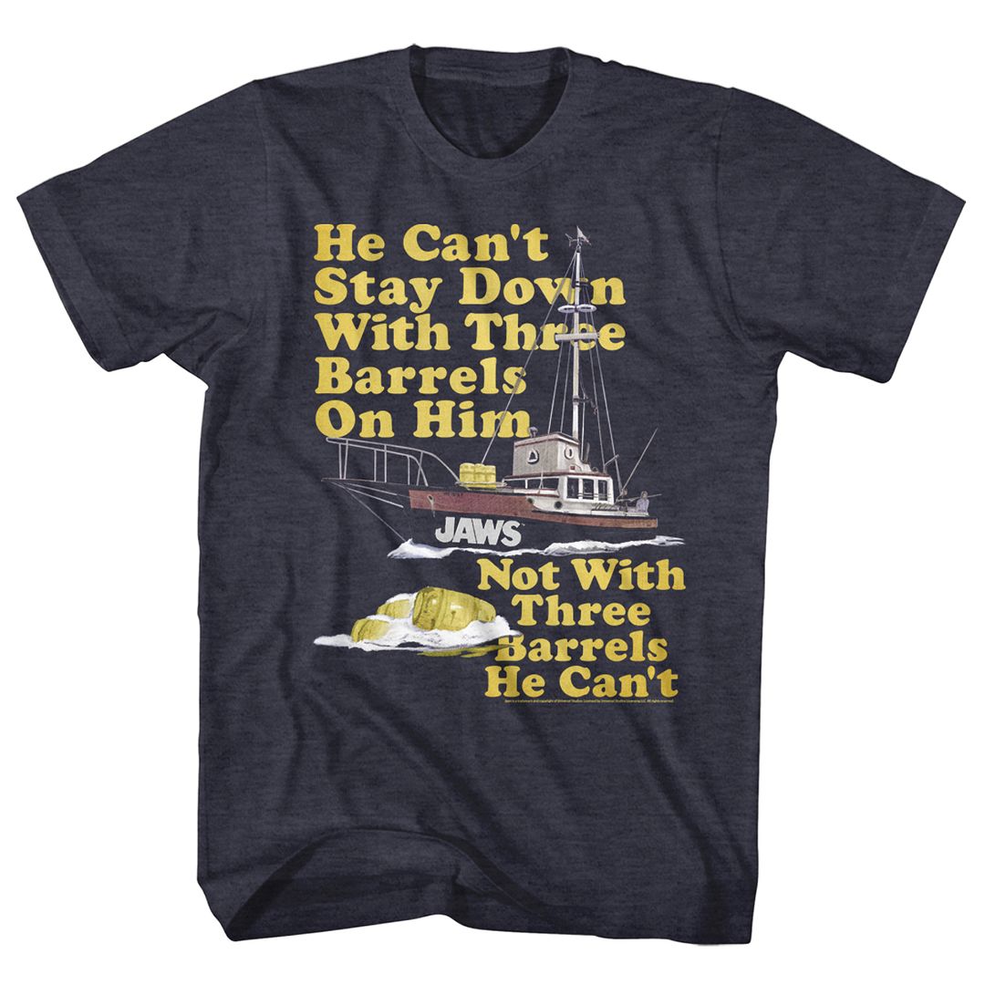 JAWS-70S BARRELS-NAVY HEATHER ADULT S/S TSHIRT